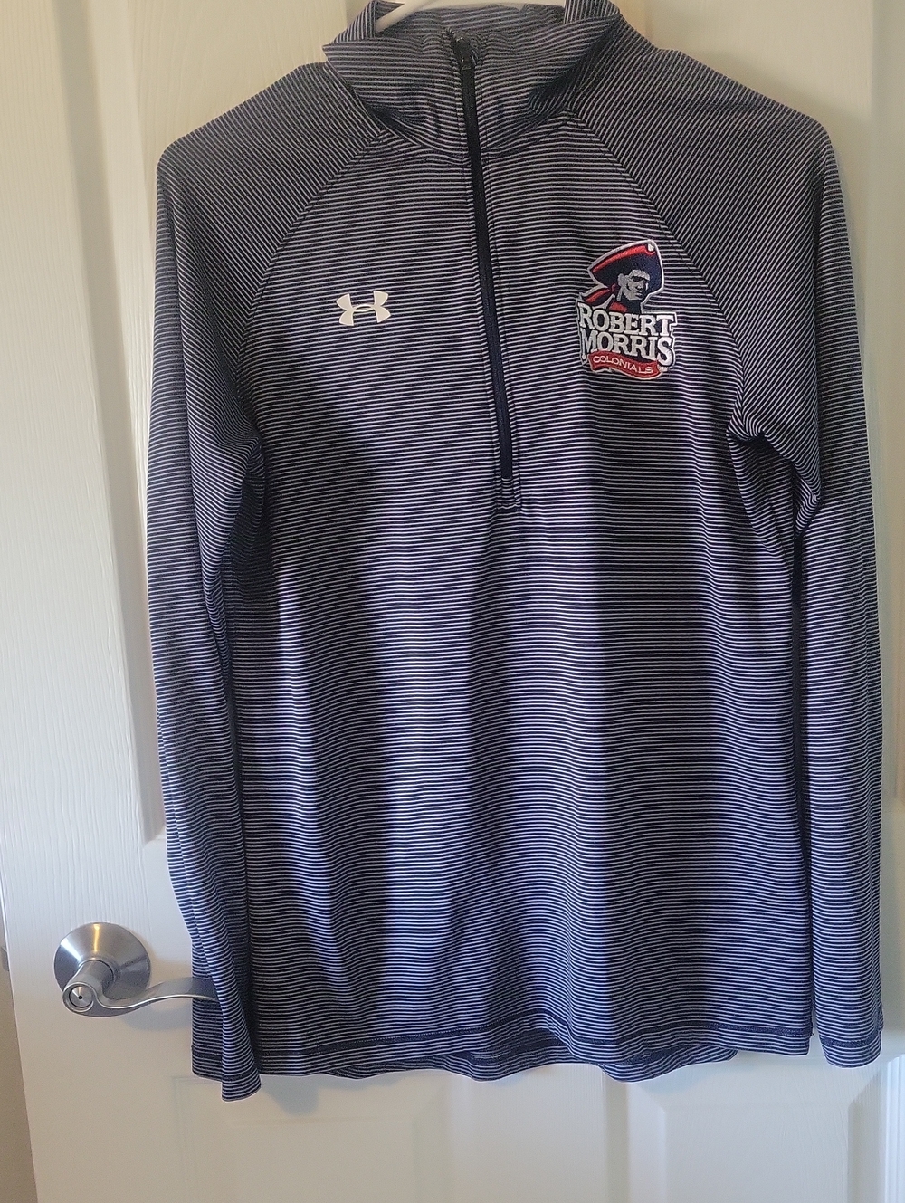 Under Armour Navy and White Striped Quarter-Zip Pullover with Robert Morris Logo